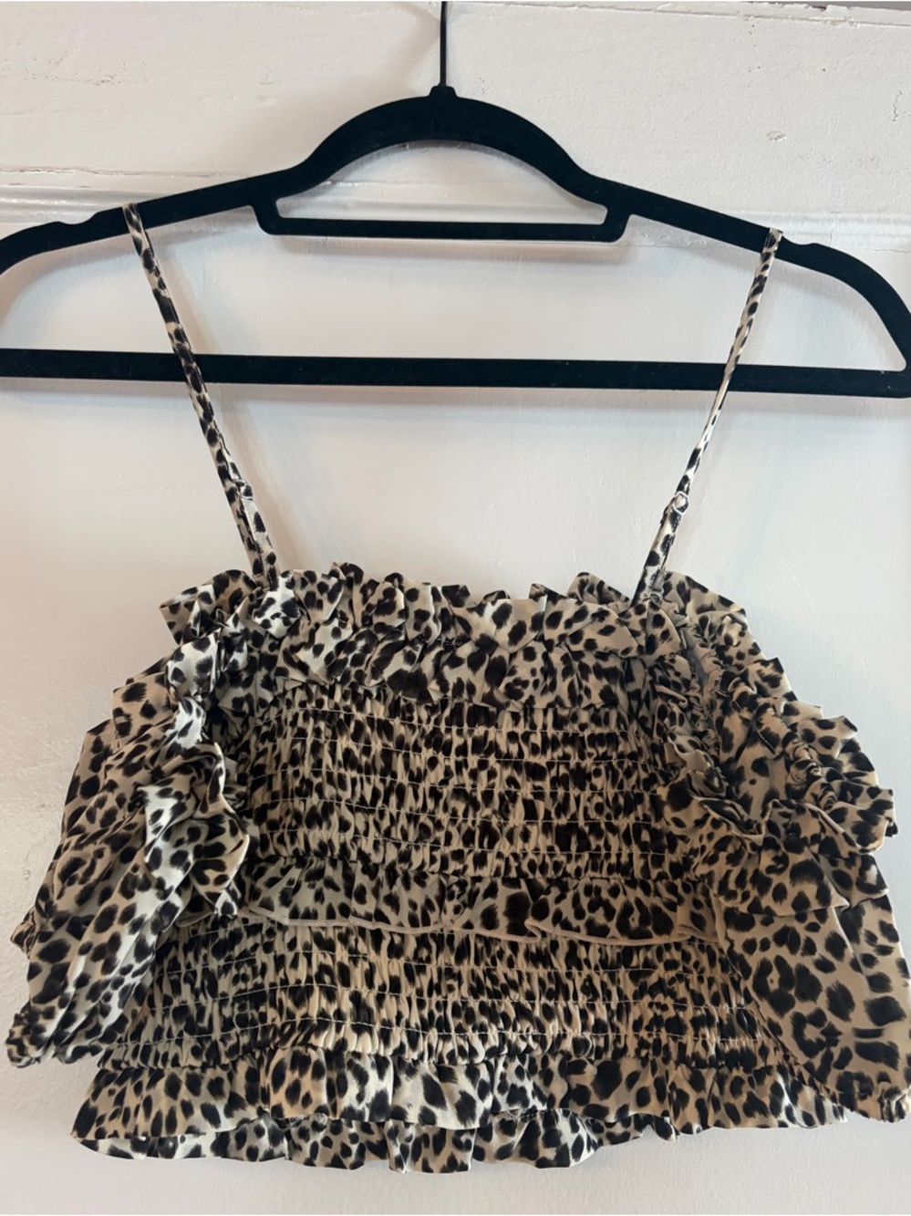 Lovers + Friends Leopard Smocked Cropped Cami in Beige and Black